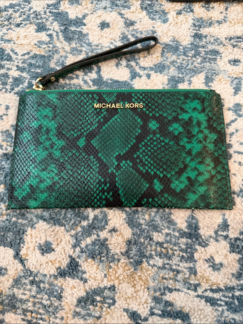 Michael Kors Green and Black Snake-Print Wristlet Clutch